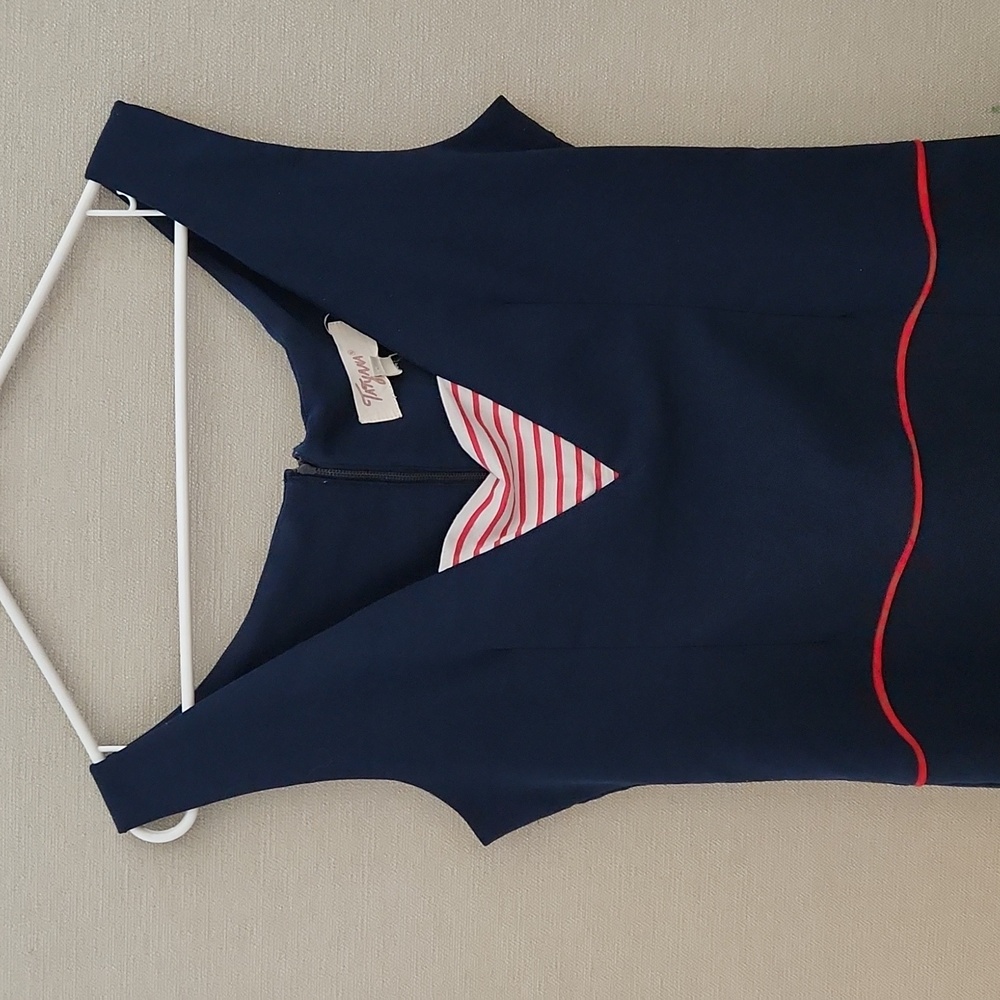 Navy and Red Striped V-Neck Pencil Dress - Picture 3 of 15